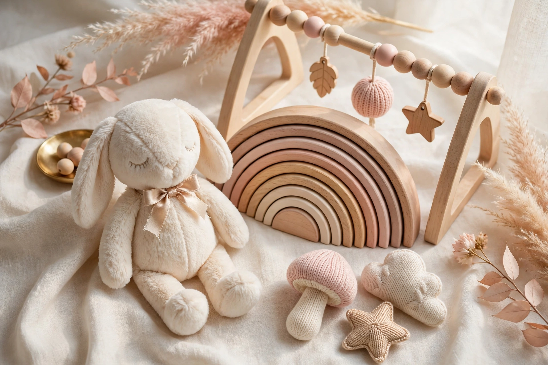 A soft, light-filled nursery scene with luxury baby toys
